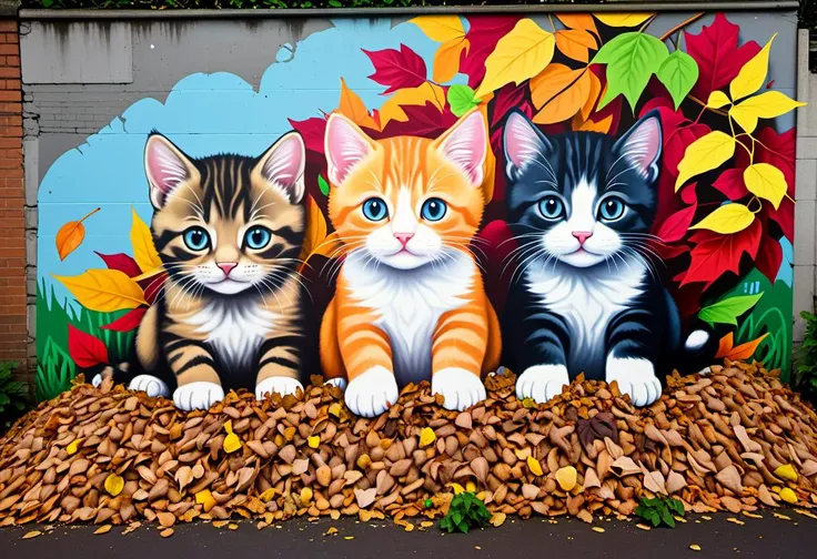 score_9, score_8_up, score_7_up,
graffiti style, three kittens under a pile of leaves, garden, autumn
. street art, vibrant, urban, detailed, tag, mural