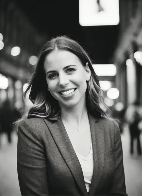 candid RAW close up portrait photo of sks woman in a (purple colored suit:1.0) on a dark street with shopping windows (at night:1.2), bokeh, Ilford Delta 3200 film, dof, high definition, detailed, intricate, flashlight, <lora:locon_laurabailey_v1_from_v1_64_32:1.25>