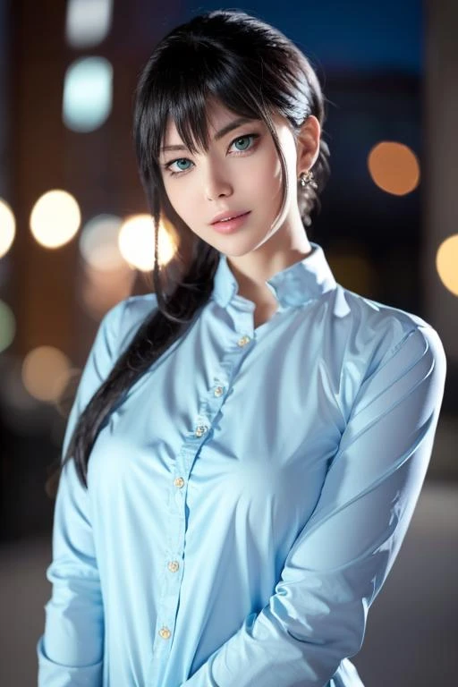 1girl,(wearing a light blue blouse:1.2),(RAW photo, best quality), (realistic, photo-realistic:1.4), masterpiece, an extremely delicate and beautiful, extremely detailed, 2k wallpaper, Amazing, finely detail, extremely detailed CG unity 8k wallpaper, ultra-detailed, highres, soft light, beautiful detailed girl, extremely detailed eyes and face, beautiful detailed nose, beautiful detailed eyes,cinematic lighting,city lights at night,perfect anatomy,slender body,smiling <lora:vinnegal_lora:0.7>