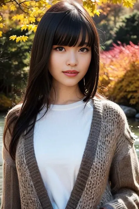 1girl,(wearing blouse and cardigan:1.2),(RAW photo, best quality), (realistic, photo-realistic:1.4), masterpiece, an extremely delicate and beautiful, extremely detailed, 2k wallpaper, Amazing, finely detail, extremely detailed CG unity 8k wallpaper, ultra-detailed, highres, soft light, beautiful detailed girl, extremely detailed eyes and face, beautiful detailed nose, beautiful detailed eyes,cinematic lighting,(slender body)(in a beautiful forest of pine trees at a Japanese countryside),(autumn scenery:1.3),(maple trees in autumn),(by a small rocky river),(morning light),perfect anatomy,slender body,(hair with bangs) <lora:okuraasca_lora:0.8>,(smiling:1.4)
