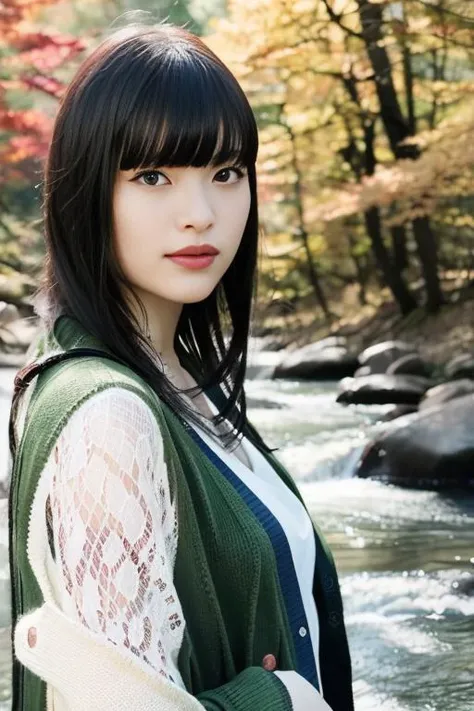1girl,(wearing blouse and cardigan:1.2),(RAW photo, best quality), (realistic, photo-realistic:1.4), masterpiece, an extremely delicate and beautiful, extremely detailed, 2k wallpaper, Amazing, finely detail, extremely detailed CG unity 8k wallpaper, ultra-detailed, highres, soft light, beautiful detailed girl, extremely detailed eyes and face, beautiful detailed nose, beautiful detailed eyes,cinematic lighting,(slender body)(in a beautiful forest of pine trees at a Japanese countryside),(autumn scenery:1.3),(maple trees in autumn),(by a small rocky river),(morning light),perfect anatomy,slender body,(hair with bangs) <lora:okuraasca_lora:1>,smiling