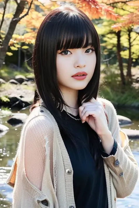1girl,(wearing blouse and cardigan:1.2),(RAW photo, best quality), (realistic, photo-realistic:1.4), masterpiece, an extremely delicate and beautiful, extremely detailed, 2k wallpaper, Amazing, finely detail, extremely detailed CG unity 8k wallpaper, ultra-detailed, highres, soft light, beautiful detailed girl, extremely detailed eyes and face, beautiful detailed nose, beautiful detailed eyes,cinematic lighting,(slender body)(in a beautiful forest of pine trees at a Japanese countryside),(autumn scenery:1.3),(maple trees in autumn),(by a small rocky river),(morning light),perfect anatomy,slender body,(hair with bangs) <lora:okuraasca_lora:1>