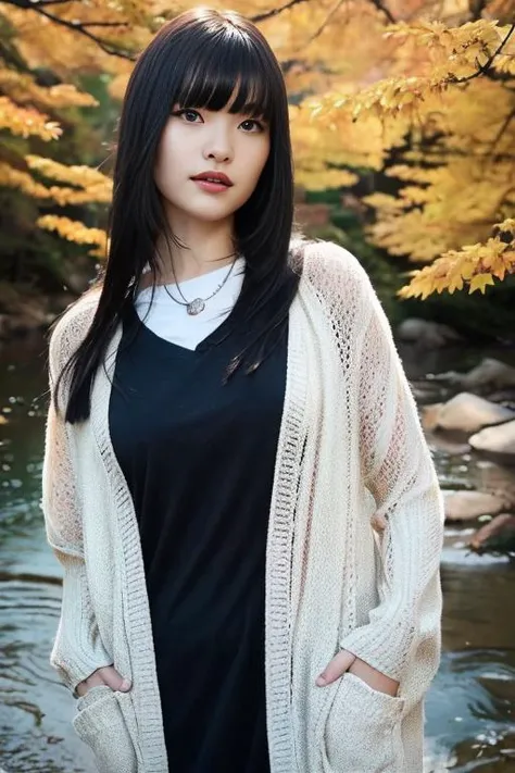 1girl,(wearing blouse and cardigan:1.2),(RAW photo, best quality), (realistic, photo-realistic:1.4), masterpiece, an extremely delicate and beautiful, extremely detailed, 2k wallpaper, Amazing, finely detail, extremely detailed CG unity 8k wallpaper, ultra-detailed, highres, soft light, beautiful detailed girl, extremely detailed eyes and face, beautiful detailed nose, beautiful detailed eyes,cinematic lighting,(slender body)(in a beautiful forest of pine trees at a Japanese countryside),(autumn scenery:1.3),(maple trees in autumn),(by a small rocky river),(morning light),perfect anatomy,slender body,(hair with bangs) <lora:okuraasca_lora:1>