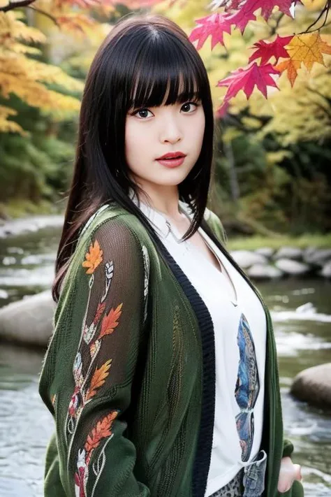 1girl,(wearing blouse and cardigan:1.2),(RAW photo, best quality), (realistic, photo-realistic:1.4), masterpiece, an extremely delicate and beautiful, extremely detailed, 2k wallpaper, Amazing, finely detail, extremely detailed CG unity 8k wallpaper, ultra-detailed, highres, soft light, beautiful detailed girl, extremely detailed eyes and face, beautiful detailed nose, beautiful detailed eyes,cinematic lighting,(slender body)(in a beautiful forest of pine trees at a Japanese countryside),(autumn scenery:1.3),(maple trees in autumn),(by a small rocky river),(morning light),perfect anatomy,slender body,(hair with bangs) <lora:okuraasca_lora:1>
