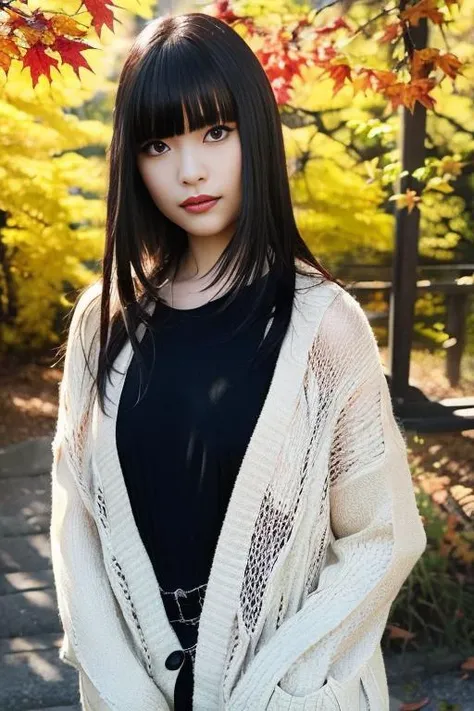 1girl,(wearing blouse and cardigan:1.2),(RAW photo, best quality), (realistic, photo-realistic:1.4), masterpiece, an extremely delicate and beautiful, extremely detailed, 2k wallpaper, Amazing, finely detail, extremely detailed CG unity 8k wallpaper, ultra-detailed, highres, soft light, beautiful detailed girl, extremely detailed eyes and face, beautiful detailed nose, beautiful detailed eyes,cinematic lighting,(slender body)(in a beautiful forest of pine trees at a Japanese countryside),(autumn scenery:1.3),(maple trees in autumn),(by a small rocky river),(morning light),perfect anatomy,slender body,(hair with bangs) <lora:okuraasca_lora:1>,smiling