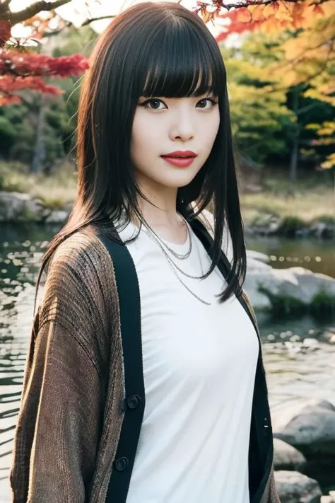 1girl,(wearing blouse and cardigan:1.2),(RAW photo, best quality), (realistic, photo-realistic:1.4), masterpiece, an extremely delicate and beautiful, extremely detailed, 2k wallpaper, Amazing, finely detail, extremely detailed CG unity 8k wallpaper, ultra-detailed, highres, soft light, beautiful detailed girl, extremely detailed eyes and face, beautiful detailed nose, beautiful detailed eyes,cinematic lighting,(slender body)(in a beautiful forest of pine trees at a Japanese countryside),(autumn scenery:1.3),(maple trees in autumn),(by a small rocky river),(morning light),perfect anatomy,slender body,(hair with bangs) <lora:okuraasca_lora:1>,smiling