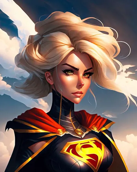 a portrait of a woman, hro, epic, full body, flying, cape, clouds