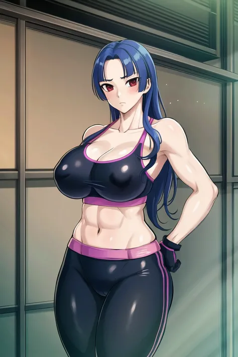 <lora:murasaki:0.7>, blue hair, masterpiece, best quality, 1girl, female, solo, looking at viewer, murasaki, gymsuit, indoors, expressionless, (elbow gloves:0.8), murasaki, gymsuit, 1girl, bare shoulders, breasts, looking at viewer, red eyes, skin tight, solo, thong, <lora:koreanDollLikeness_v15:0.2> <lora:taiwanDollLikeness_v10:0.2>