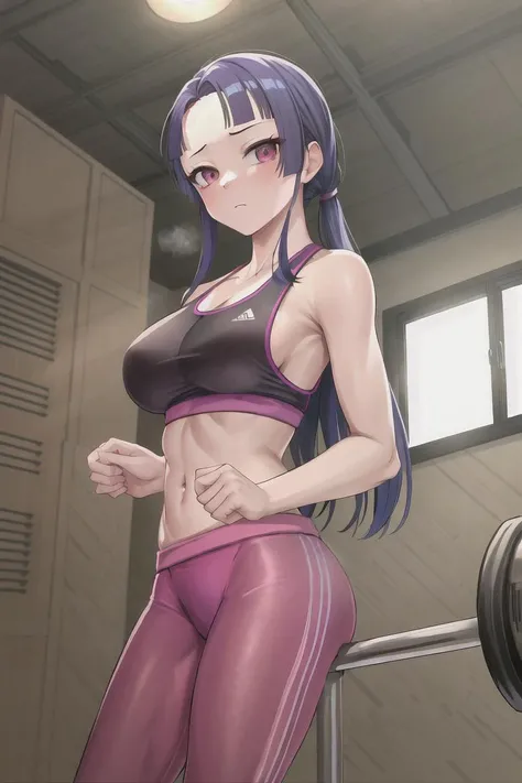 <lora:murasaki:0.7>, masterpiece, best quality, 1girl, solo, looking at viewer, murasaki, gymsuit, indoors, expressionless, (elbow gloves:0.5)