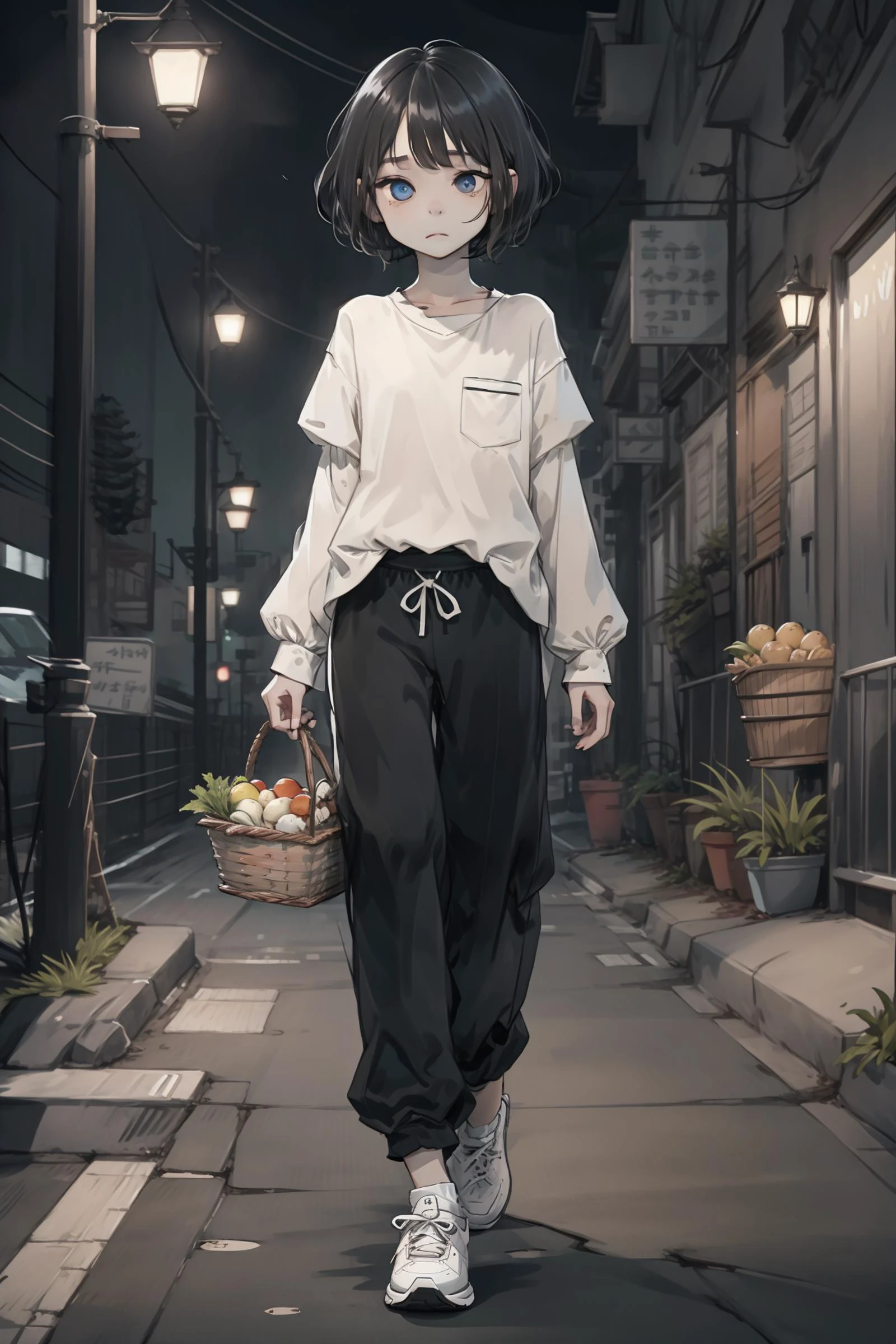 flat vector art, vector illustration, simple background, night
1girl, Slim face, black hair, blue eyes, bangs, standing, white socks, Human focus, flat, solo, (street with a character who has short bobbed hair), Full body shot, (((Standing and looking at the camera))), Bare face, Pale face, Sneakers, walking on street with 1 market basket, small eyes
Plain white T-shirt, pajamas,
, <lora:Gloomifier_V2_TheGlow:1.5>, <lora:Japanese_INK:0.1>, <lora:HeightRatioSlider_v2:-0.9>, <lora:hyw_ver1-20:1>