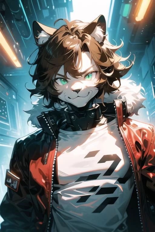 from font body,upper body,best quality,(official art,masterpiece,ultra detailed 8k art),fantasy,cyberpunk, (dark red bomber jacket | white t-shirt:1.3), fluffy chest, Fluffy body,Fluffy,(fluffy best hands:0.7),(anthro),focus 1boy, ragdoll cat boy, (white fur | brown fur:1.3) furry cat boy,(Close up 1 cat boy:0.7),(white and brown furry face, smile, cat ears, cat nose, small snout, dark green eyes:1.2), (1 white fluffy tail:1.2), (short light brown hair, red inner color, messy hair:1.4),(<lora:cyborgV02_last:2>, cyborg, black exoskeleton armor:1.2) <lora:HeightRatioSlider_v2:1>
