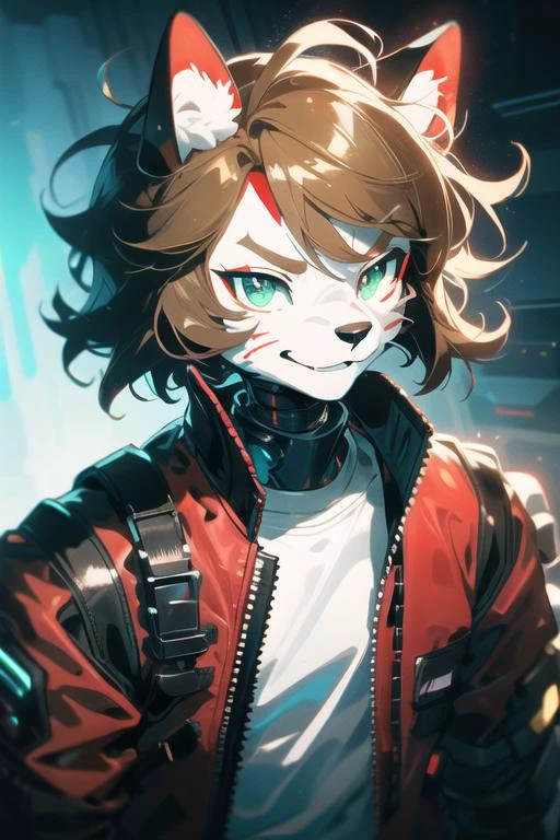 from font body,upper body,best quality,(official art,masterpiece,ultra detailed 8k art),fantasy,cyberpunk, (dark red bomber jacket | white t-shirt:1.3), fluffy chest, Fluffy body,Fluffy,(fluffy best hands:0.7),(anthro),focus 1boy, ragdoll cat boy, (white fur | brown fur:1.3) furry cat boy,(Close up 1 cat boy:0.7),(white and brown furry face, smile, cat ears, cat nose, small snout, dark green eyes:1.2), (1 white fluffy tail:1.2), (short light brown hair, red inner color, messy hair:1.4),(<lora:cyborgV02_last:2>, cyborg, black exoskeleton armor:1.2) <lora:HeightRatioSlider_v2:1>
