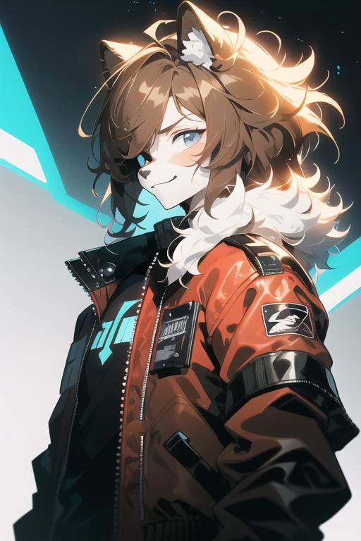 from font body,upper body,best quality,(sidelighting, official art,masterpiece,ultra detailed 8k art),fantasy,cyberpunk, (dark red bomber jacket:1.3), fluffy chest, Fluffy body,Fluffy,(fluffy best hands:0.7),(anthro),focus 1boy, ragdoll cat boy, (brown fur, grey fur | white fur:1.3) furry cat boy,(Close up 1 cat boy:0.7),(brown spot over one eye, grey and white furry face, smile, brown cat ears, cat nose, small snout, light blue eyes:1.2), (1 white fluffy tail:1.2), (short very light brown hair, brown inner color, long side hair, messy hair:1.4),(<lora:cyborgV02_last:2>, cyborg, black exoskeleton armor:1.2) <lora:HeightRatioSlider_v2:1> <lora:hyperrefiner_v090:1>