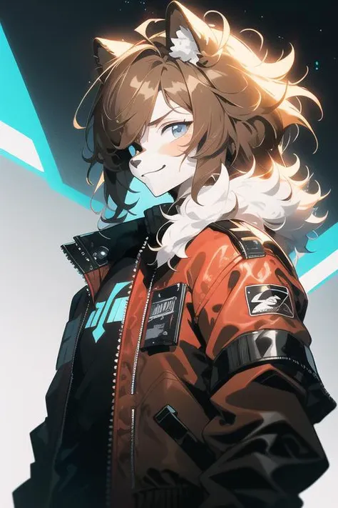 from font body,upper body,best quality,(sidelighting, official art,masterpiece,ultra detailed 8k art),fantasy,cyberpunk, (dark red bomber jacket:1.3), fluffy chest, Fluffy body,Fluffy,(fluffy best hands:0.7),(anthro),focus 1boy, ragdoll cat boy, (brown fur, grey fur | white fur:1.3) furry cat boy,(Close up 1 cat boy:0.7),(brown spot over one eye, grey and white furry face,  smile, brown cat ears, cat nose, small snout, light blue eyes:1.2), (1 white fluffy tail:1.2), (short very light brown hair, brown inner color, long side hair, messy hair:1.4),(<lora:cyborgV02_last:2>, cyborg, black exoskeleton armor:1.2) <lora:HeightRatioSlider_v2:1>  <lora:hyperrefiner_v090:1>