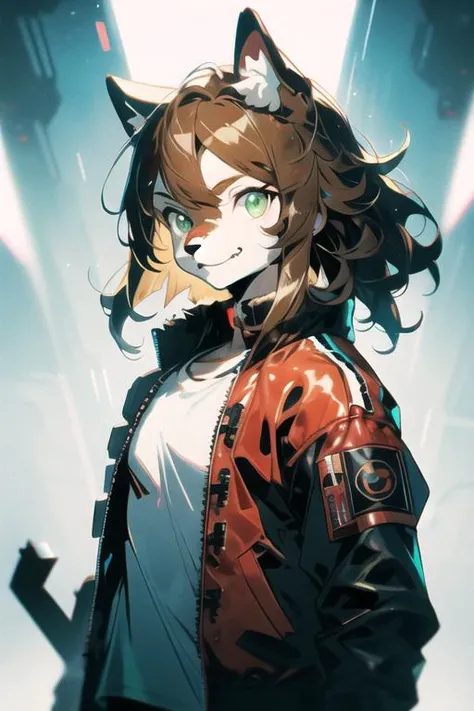 from font body,upper body,best quality,(official art,masterpiece,ultra detailed 8k art),fantasy,cyberpunk, (dark red bomber jacket | white t-shirt:1.3), fluffy chest, Fluffy body,Fluffy,(fluffy best hands:0.7),(anthro),focus 1boy, ragdoll cat boy, (white fur | brown fur:1.3) furry cat boy,(Close up 1 cat boy:0.7),(white and brown furry face, smile, cat ears, cat nose, small snout, dark green eyes:1.2), (1 white fluffy tail:1.2), (short light brown hair, red inner color, messy hair:1.4),(<lora:cyborgV02_last:2>, cyborg, black exoskeleton armor:1.2) <lora:HeightRatioSlider_v2:1>