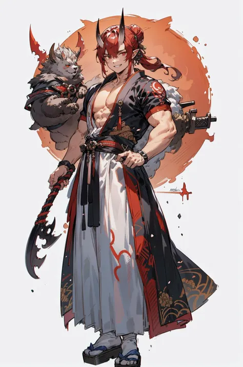 best quality,(masterpiece,ultra detailed 8k art,Thirties),[best hands:(best hands):10] ,1 male,adult,full body, flat chest,(China:0.3),fantasy,simple background BREAK
(Japanese red demon 2 horns:1.2),sagacity,yonpaku eyes, red hair, white wear,geta,(weapon,1 hair bun,muscler,white foot cover),wide short sleeve, grin,  tsurime, Japanese socks, miko,red hakama , oni, horns, oni horns,1 large black ax
<lora:yonpaku_v10:1.2>  <lora:LECO_LessWakiMiko:0.5> <lora:HeightRatioSlider_v2:0.3><lora:C_fashion:0.2> <lora:eye-turime:1><lora:muscle_slider_v1:1.5> <lora:weight_slider_v2:0.5 ><lora:boldline:-0.2> <lora:onihors:0.6> <lora:eye-pos_v:0.5>