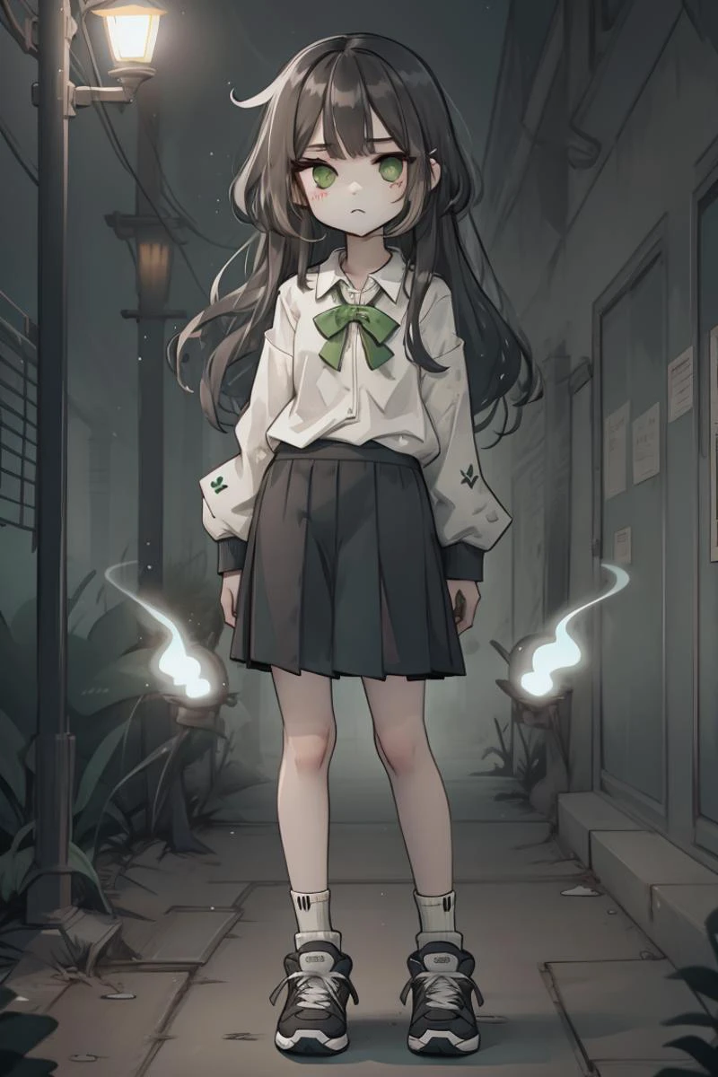 flat vector art, vector illustration,
cute-1:, black hair, green eyes, bangs, standing, school uniform, sneakers, Human focus, flat, solo,(A school hallway with a character who has long hair with a middle part), white socks, Wearing a collared shirt with a light yellow sweater over it, a small red ribbon,
,school, in school
<lora:hyw_ver1-16:1>, <lora:Gloomifier_V2_TheGlow:2.5>, <lora:Japanese_INK-000003:0.2>, <lora:HeightRatioSlider_v2:-2>