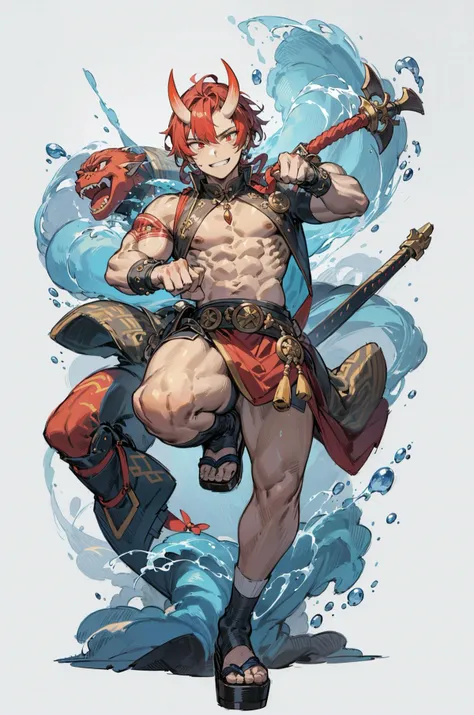 best quality,(masterpiece,ultra detailed 8k art,Thirties),[best hands:(best hands):10] ,1 male,adult,full body, flat chest,(China),fantasy,simple background BREAK
(Japanese red demon 2 horns:1.2),sagacity,yonpaku eyes, red hair, white wear,geta,(weapon,1 hair bun,muscler,white foot cover),wide short sleeve, grin,  tsurime, Japanese socks, miko,red hakama , oni, horns, oni horns
<lora:yonpaku_v10:1.2>  <lora:LECO_LessWakiMiko:0.5> <lora:HeightRatioSlider_v2:0.3> <lora:eye-turime:1><lora:muscle_slider_v1:1.5> <lora:weight_slider_v2:0.5 ><lora:boldline:-0.2> <lora:onihors:0.6> <lora:eye-pos_v:0.5>