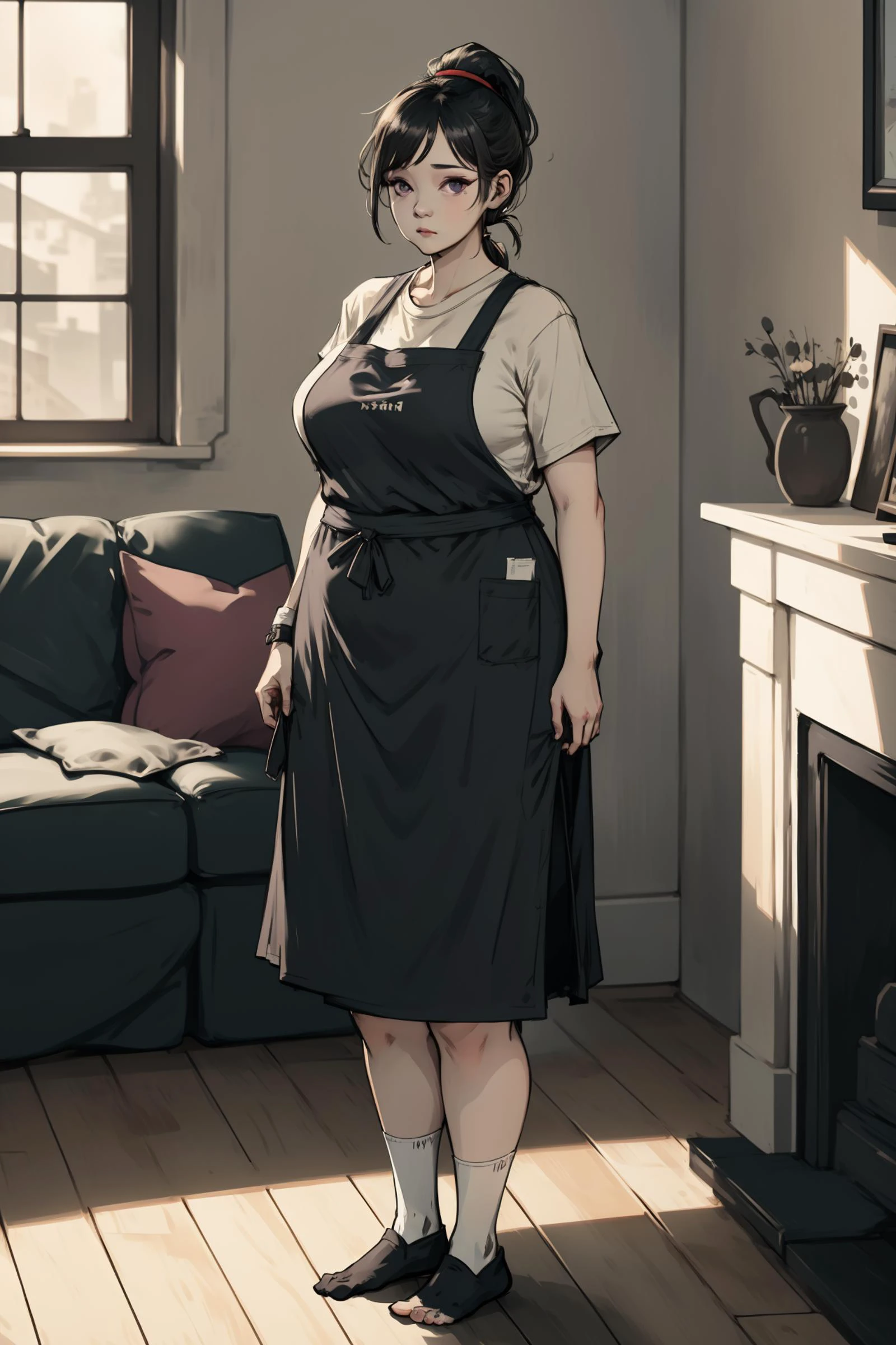 flat vector art, vector illustration, Full body shot, (((Standing in a formal posture))), (((Standing and looking at the camera))),
(kitchen with a character who Single ponytail hairstyle with a middle part),
very old mature, looking at the camera, (((very fat women))), black hair, purple eyes, ponytail, standing, white socks without shoes without bag, Human focus, flat, solo, white socks,
, Wearing a white T-shirt with an apron, Comfortable clothing, dressed as a housewife, Plump housewife, ((( Middle-aged housewife))), (((in living room))), Bare face
<lora:hyw_ver1-16:0.7>, <lora:Gloomifier_V2_TheGlow:1.5>, <lora:Japanese_INK:0.4>, <lora:HeightRatioSlider_v2:-0.1>