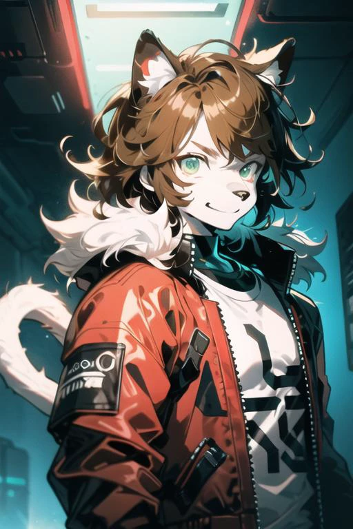 from font body,upper body,best quality,(official art,masterpiece,ultra detailed 8k art),fantasy,cyberpunk, (dark red bomber jacket | white t-shirt:1.3), fluffy chest, Fluffy body,Fluffy,(fluffy best hands:0.7),(anthro),focus 1boy, ragdoll cat boy, (white fur | brown fur:1.3) furry cat boy,(Close up 1 cat boy:0.7),(white and brown furry face, smile, cat ears, cat nose, small snout, dark green eyes:1.2), (1 white fluffy tail:1.2), (short light brown hair, red inner color, messy hair:1.4),(<lora:cyborgV02_last:2>, cyborg, black exoskeleton armor:1.2) <lora:HeightRatioSlider_v2:1>
