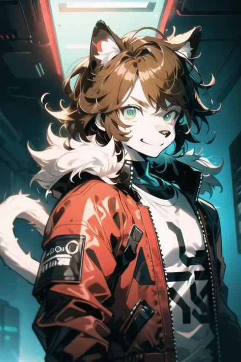 from font body,upper body,best quality,(official art,masterpiece,ultra detailed 8k art),fantasy,cyberpunk, (dark red bomber jacket | white t-shirt:1.3), fluffy chest, Fluffy body,Fluffy,(fluffy best hands:0.7),(anthro),focus 1boy, ragdoll cat boy, (white fur | brown fur:1.3) furry cat boy,(Close up 1 cat boy:0.7),(white and brown furry face,  smile, cat ears, cat nose, small snout, dark green eyes:1.2), (1 white fluffy tail:1.2), (short light brown hair, red inner color, messy hair:1.4),(<lora:cyborgV02_last:2>, cyborg, black exoskeleton armor:1.2) <lora:HeightRatioSlider_v2:1>