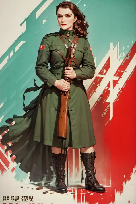 A Soviet-style flat propaganda poster, inspirational portrait of a beautiful woman soldier in a green military uniform, holding a bolt-action rifle by the barrel, (mosin-nagant), looking at the horizon, alone, (red background), (long brown hair:1.2), beautiful hair, army boots, army skirt, limited colour palette, block colours, red background, hammer and sickle, USSR aesthetic, Roza Shanina inspiration, communism, <lora:DPRKPropaganda:0.75>, <lora:Rachel_Weisz:1>,