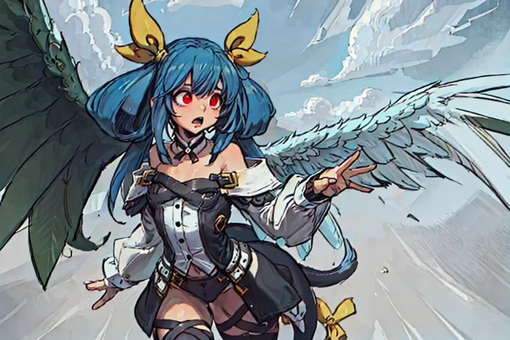 young girl, DizzyMS, cute outfit, off shoulder, cute eyes, thin waist, surprised face, small breasts, ribbon, hair ribbon, asymmetrical wings, wings, choker, tail, yellow ribbon, thighhighs, belt, thigh strap, BREAK in heaven, clouds, gold intricate archway background, intricate heavenly gate <lora:murkysSpecialStyle_1:0.9> <lora:dizzyGuiltyGearLora_1:1>