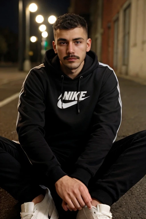 ChavAlpha, portrait, (hyper-realistic), (a 20yo man), in a public street, hoodie, chav, nike, mustache, beard, sitting, legs apart, looking directly to viewer, night time, Masterpiece, high details, uhd, dynamic pose <lora:ChavAlpha:0.8>