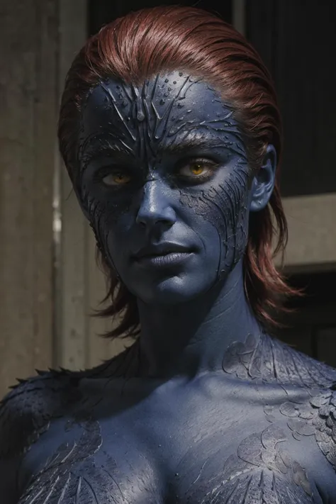 , in (Neo-Impressionism style:1.3), night, full moon, hospital,<lora:Mystique-v1:0.7> (mystique, blue skin, red hair, yellow eyes, scales:1.2)