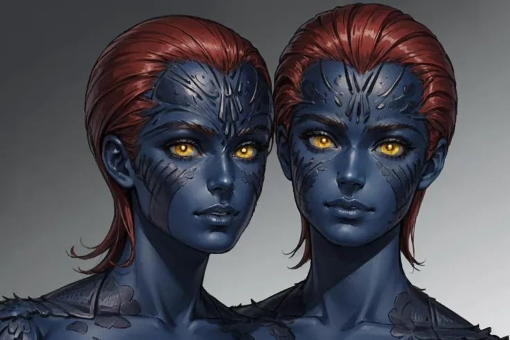 close shot, , Hair Light,<lora:Mystique-v1:0.7> (mystique, blue skin, red hair, yellow eyes, scales:1.2)