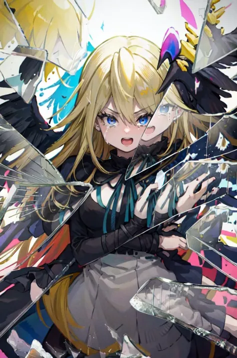 <lora:RtPL-Malice:1> malice_(riviera), black_wings, blonde_hair, long_hair, angel_wings, wing hug, <lora:BrokenGlass:1> IncrsBrknGls, broken glass, reflection, shocked, scared, constricted pupils, open mouth, falling feathers, crying, crying with eyes open, tears, streaming tears,, ultra detailed, masterpiece, best quality, aesthetic, detailed,