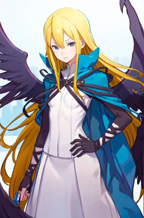 <lora:RtPL-Malice:1> malice_(riviera), black_wings, blonde_hair, long_hair, blue_cape, white_dress, angel_wings, gloves, <lora:kuroboshi_kouhaku_style_v01:1>, ultra detailed, masterpiece, best quality, aesthetic, detailed,