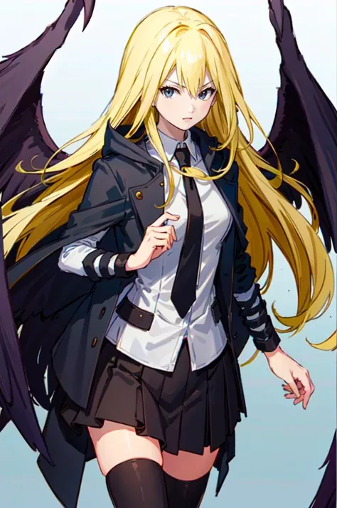 <lora:RtPL-Malice:1> malice_(riviera), black_wings, blonde_hair, long_hair, angel_wings, <lora:Pleated Skirt & Top By Stable Yogi:0.5> pleated skirt, shirt, coat, necktie, thighhighs,, ultra detailed, masterpiece, best quality, aesthetic, detailed,