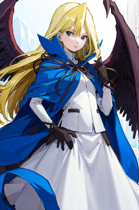 <lora:RtPL-Malice:1> malice_(riviera), black_wings, blonde_hair, long_hair, blue_cape, white_dress, angel_wings, gloves, <lora:ponsuke:1>, ultra detailed, masterpiece, best quality, aesthetic, detailed,