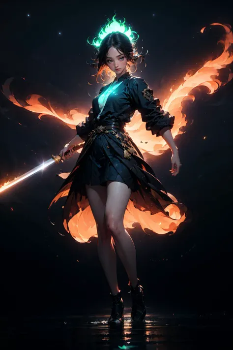 masterpiece, best quality, 32k uhd, Epic CG masterpiece, hdr, dtm, 64K, 00 renderer, stunning colors, 3D rendering, cinematic lighting effects, visual impact, looking at viewer, dynamic poses, surreal, futurism, concept art, wide-angle lens,super vista, super wide angle, HD,
jianxian, 1girl, (holding fire sword), full body,
( glowing:1.7), (simple background:1.8), black background, night sky, starry sky,
exquisite facial features, super delicate face, (best fingers:1.2),