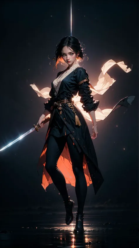 masterpiece, best quality, 32k uhd, Epic CG masterpiece, hdr, dtm, 64K, 00 renderer, stunning colors, 3D rendering, cinematic lighting effects, visual impact, looking at viewer, dynamic poses, surreal, futurism, concept art, wide-angle lens,super vista, super wide angle, HD,
jianxian, 1girl, (holding sword), full body, ray tracing, 
 ( glowing:1.5), (simple background:1.8), black background, night sky, starry sky,
exquisite facial features, super delicate face, (best fingers:1.2),