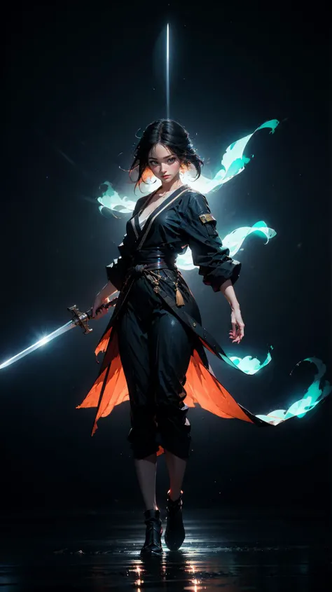 masterpiece, best quality, 32k uhd, Epic CG masterpiece, hdr, dtm, 64K, 00 renderer, stunning colors, 3D rendering, cinematic lighting effects, visual impact, looking at viewer, dynamic poses, surreal, futurism, concept art, wide-angle lens,super vista, super wide angle, HD,
jianxian, 1girl, (holding sword), full body, ray tracing,
( glowing:1.5), (simple background:1.8), black background, night sky, starry sky,
exquisite facial features, super delicate face, (best fingers:1.2),