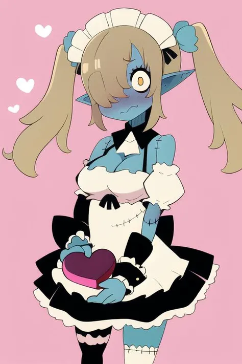 ZoMaid, blue skin, pointy ears, yellow eyes,  stitches:, zombie,  twintails, ash blond hair,  cowboy shot,  thighs, joy, happy, hands up, 
 ZBattire,maid,bare shoulders, white thighhighs,apron ,skirt,puffy sleeves,frills, maid headdress, wrist cuffs, cleavage,detached collar,mary janes
 (insanely detailed, beautiful detailed face, masterpiece, best quality)
outer space. open bar,  bar in space, <lora:Maid-10v2:0.7>