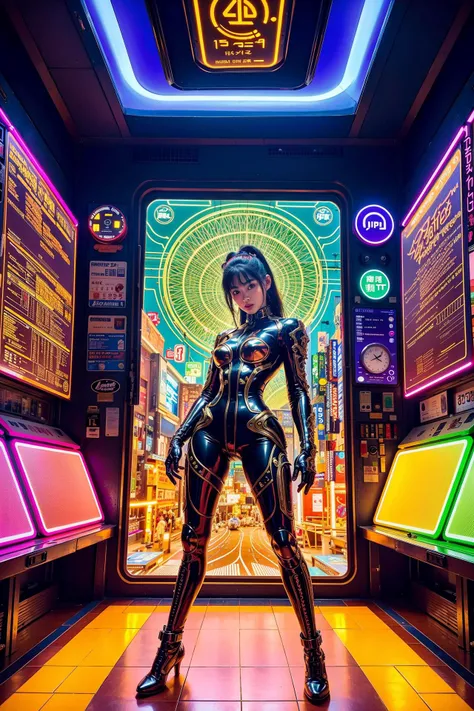 Vintage 90's anime style environmental wise shot. cluttered 7/11 interior; a woman wearing streetwear; by hajime sorayama,greg tocchini,virgil finlay,sci-fi,colors,neon lights. line art. environmental art.,(intricate details:1.12),hdr,(intricate details, hyperdetailed:1.15),(natural skin texture, hyperrealism, soft light, sharp:1.2),