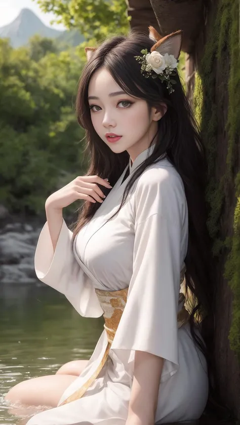 Create a beautiful scene of a Chinese fox fairy sitting on a ruined wall covered with moss and flowers at the riverbank, surrounded by tall pine trees and misty mountain peaks. The river flows peacefully between the mountains as the morning sunlight shines on the fairy's face, reflecting her beauty in the calm water. Capture her lovely smile and the elegance of her white Hanfu attire in your artwork.black hair,
(Chinese-style architecture),(Chinese architecture),(raw photo:1.2), (photorealistic:1.4), absurdres, incredibly absurdres, huge filesize , ultra-detailed, highres, extremely detailed,best quality ,masterpiece, illustration, an extremely delicate and beautiful, extremely detailed ,CG ,unity ,8k wallpaper, Amazing, finely detail, masterpiece,best quality, pureerosface_v1,ulzzang-6500-v1.1,