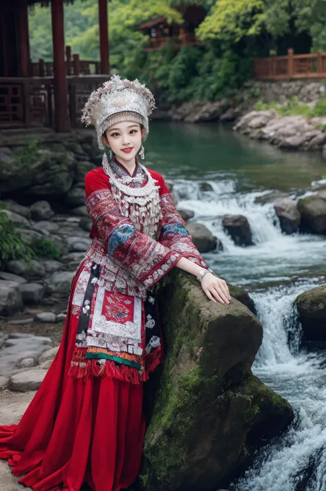 Generate an image of a beautiful girl sitting on a crumbling wall, surrounded by tall pine trees and a river flowing nearby, with misty mountains and lush greenery in the background. The fairy is wearing a red traditional Chinese dress and smiling at the camera, her face illuminated by the morning sunlight filtering through the trees.
(Chinese-style architecture),(Chinese architecture),(raw photo:1.2), (photorealistic:1.4), absurdres, incredibly absurdres, huge filesize , ultra-detailed, highres, extremely detailed,best quality ,masterpiece, illustration, an extremely delicate and beautiful, extremely detailed ,CG ,unity ,8k wallpaper, Amazing, finely detail, masterpiece,best quality, pureerosface_v1,ulzzang-6500-v1.1,      <lora:miaoHong:0.8>