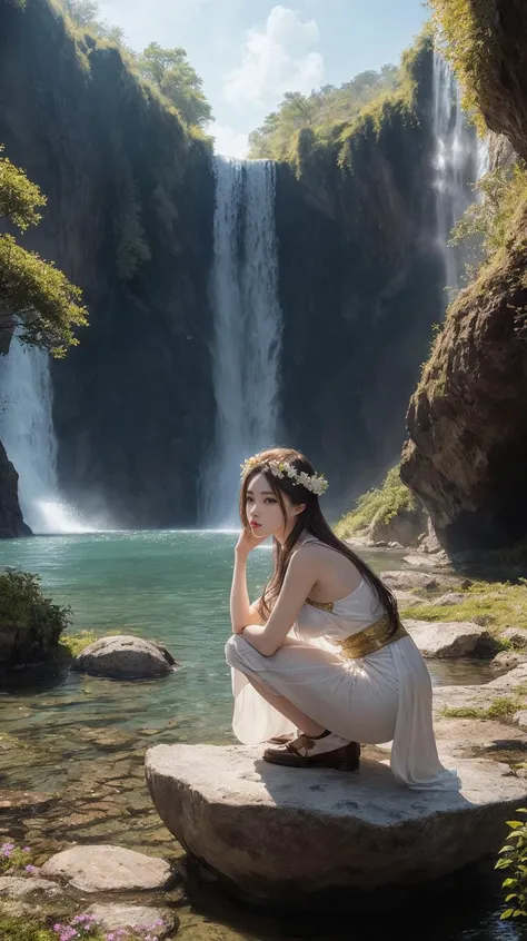 (white hanfu,hanfu,white cheme,Chinese dress),
In the early morning, inside a cave lies a massive lake, surrounded by rocky walls. In the center of the lake, there is a small island covered in blooming flowers. On the island, a beautiful girl sits wearing a flower crown on her head. Butterflies flutter around her, and as she crouches down to touch the water, the reflections of light and shadow dance across her face, creating a flickering, intricate pattern. The water is crystal clear, and you can see the lake's bottom with its colorful rocks and aquatic plants. The rocky walls around the lake are covered in moss and vines, creating a lush green backdrop. In the distance, a waterfall cascades down a rocky cliff, and you can hear the sound of water splashing into the lake. The whole scene is bathed in a warm, golden light as the sun rises over the mountains outside the cave, creating an idyllic and peaceful atmosphere.
(raw photo:1.2), (photorealistic:1.4), absurdres, incredibly absurdres, huge filesize , ultra-detailed, highres, extremely detailed,best quality ,masterpiece, illustration, an extremely delicate and beautiful, extremely detailed ,CG ,unity ,8k wallpaper, Amazing, finely detail, masterpiece,best quality, pureerosface_v1,ulzzang-6500-v1.1,