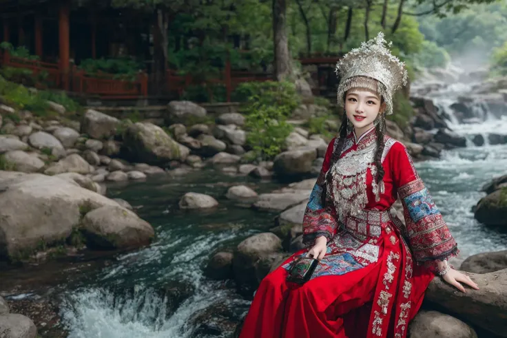 Generate an image of a beautiful girl sitting on a crumbling wall, surrounded by tall pine trees and a river flowing nearby, with misty mountains and lush greenery in the background. The fairy is wearing a red traditional Chinese dress and smiling at the camera, her face illuminated by the morning sunlight filtering through the trees.
(Chinese-style architecture),(Chinese architecture),(raw photo:1.2), (photorealistic:1.4), absurdres, incredibly absurdres, huge filesize , ultra-detailed, highres, extremely detailed,best quality ,masterpiece, illustration, an extremely delicate and beautiful, extremely detailed ,CG ,unity ,8k wallpaper, Amazing, finely detail, masterpiece,best quality, pureerosface_v1,ulzzang-6500-v1.1,      <lora:miaoHong:0.8>