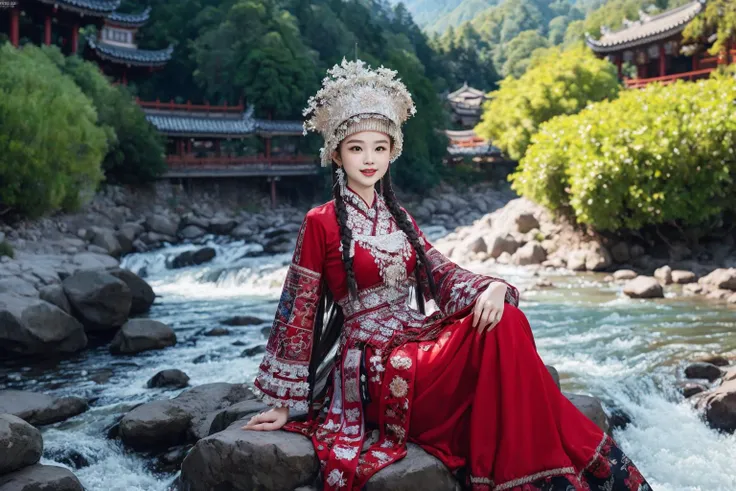 Generate an image of a beautiful girl sitting on a crumbling wall, surrounded by tall pine trees and a river flowing nearby, with misty mountains and lush greenery in the background. The fairy is wearing a red traditional Chinese dress and smiling at the camera, her face illuminated by the morning sunlight filtering through the trees.
(Chinese-style architecture),(Chinese architecture),(raw photo:1.2), (photorealistic:1.4), absurdres, incredibly absurdres, huge filesize , ultra-detailed, highres, extremely detailed,best quality ,masterpiece, illustration, an extremely delicate and beautiful, extremely detailed ,CG ,unity ,8k wallpaper, Amazing, finely detail, masterpiece,best quality, pureerosface_v1,ulzzang-6500-v1.1, <lora:miaoHong:0.8>