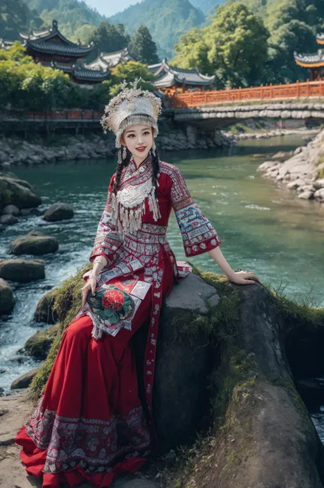 Generate an image of a beautiful girl sitting on a crumbling wall, surrounded by tall pine trees and a river flowing nearby, with misty mountains and lush greenery in the background. The fairy is wearing a red traditional Chinese dress and smiling at the camera, her face illuminated by the morning sunlight filtering through the trees.
(Chinese-style architecture),(Chinese architecture),(raw photo:1.2), (photorealistic:1.4), absurdres, incredibly absurdres, huge filesize , ultra-detailed, highres, extremely detailed,best quality ,masterpiece, illustration, an extremely delicate and beautiful, extremely detailed ,CG ,unity ,8k wallpaper, Amazing, finely detail, masterpiece,best quality, pureerosface_v1,ulzzang-6500-v1.1, <lora:miaoHong:0.8>
