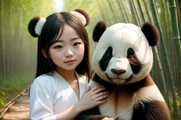 best quality, masterpiece, highres, (1girl:1.4),Beautiful face,chinese clothes,white Taoist robes,bamboo forest, (panda:1.3),