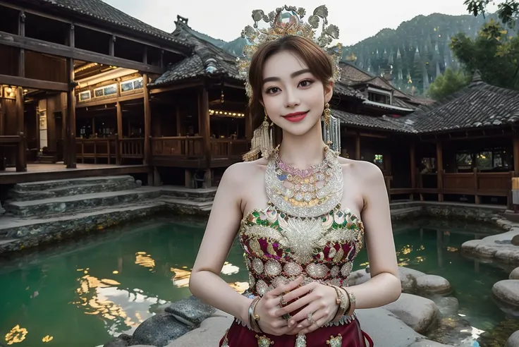 (raw photo:1.2), (photorealistic:1.4), absurdres, incredibly absurdres, huge filesize , ultra-detailed, highres, extremely detailed,best quality ,white theme,
morning,(Early morning),(day:1.8),in summer,onsen,(nature:1.9),1girl,full body,black hair,very long hair,grin,sexy,unaligned breasts, dynamic angle,dynamic pose,outdoors,chinese style architecture,High color saturation,Color saturation,(jewelry:1.9),putting on jewelry,
hdr, (photorealism, masterpiece quality, best quality), , pureerosface_v1,ulzzang-6500-v1.1,