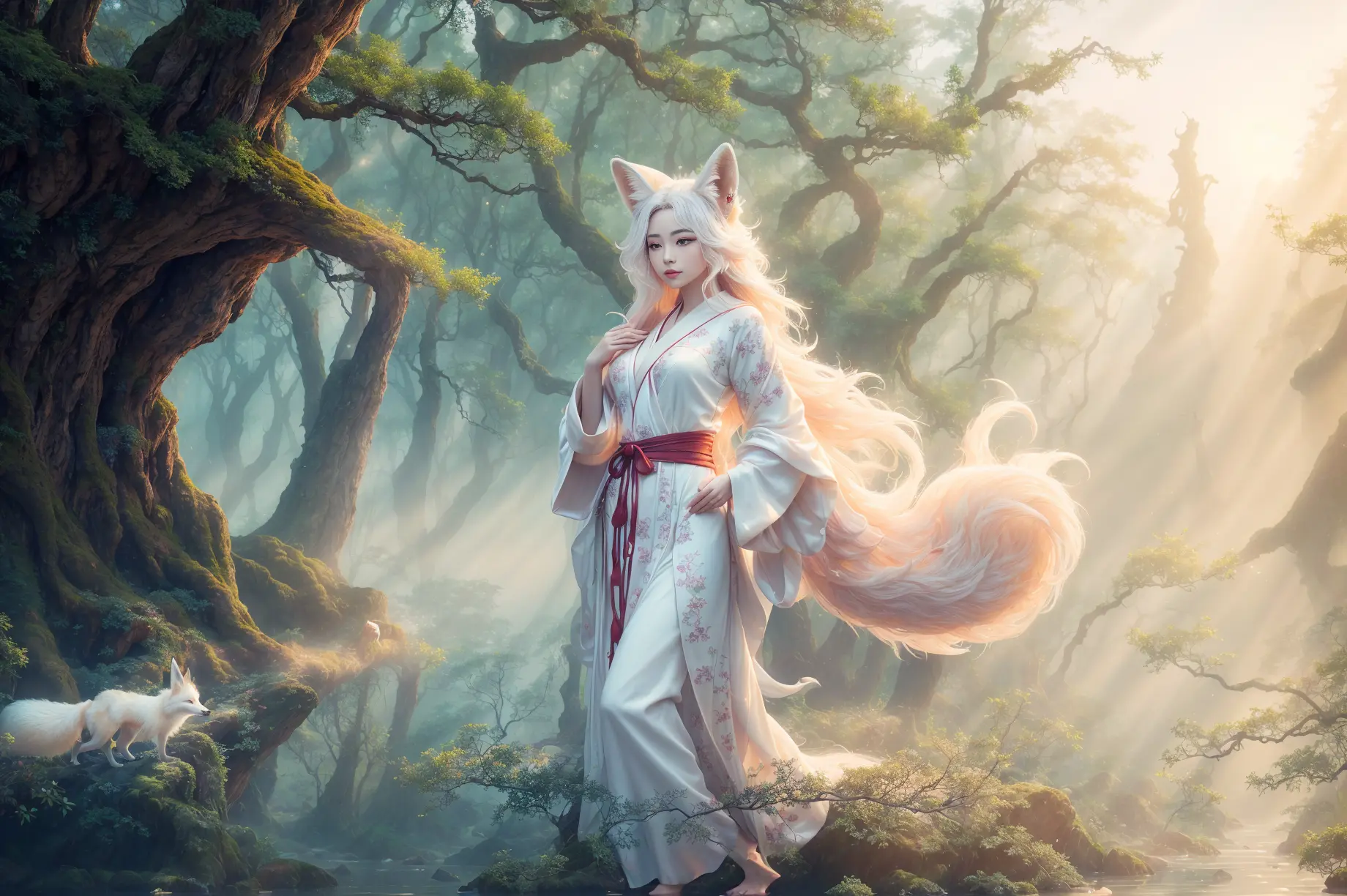 a beautiful and ethereal fox spirit dressed in a flowing white Chinese robe. The image captures the fox spirit standing gracefully on the water's surface, surrounded by white clouds and mist that lend an otherworldly quality to the scene. The fox spirit's long white hair and robes are swept up by the wind, adding movement and fluidity to the image. Use Midjourney's advanced brush tools to create intricate folds and textures in the fox spirit's robes and hair, and experiment with different color palettes and brush strokes to bring out the ethereal quality of the scene. The fox spirit's beauty is further enhanced by the way her image is sometimes obscured by the surrounding mist, giving the scene a sense of mystery and enchantment. With Midjourney's powerful tools, you can bring this captivating and ethereal scene to life with incredible detail and beauty.
hdr, (photorealism, masterpiece quality, best quality), , pureerosface_v1,ulzzang-6500-v1.1,