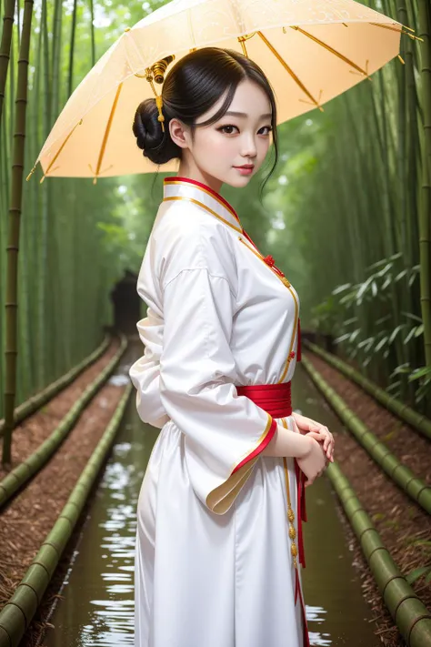 best quality, masterpiece, highres, 1girl,Beautiful face,chinese clothes,white Taoist robes,bamboo forest,rain,
pureerosface_v1, ulzzang-6500-v1.1,