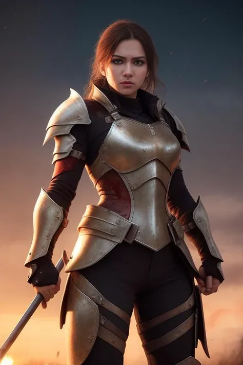 best quality, 8k uhd, dslr, soft lighting, high quality, volumetric lighting,1girl,upper body, wh_chi_armor,(bloodshot eyes),furious,fight stance, holding spear,spear,armor dress,heroic,blood on face, blood on clothes,flying blood,battlefield,red flags,smoke,sunset,